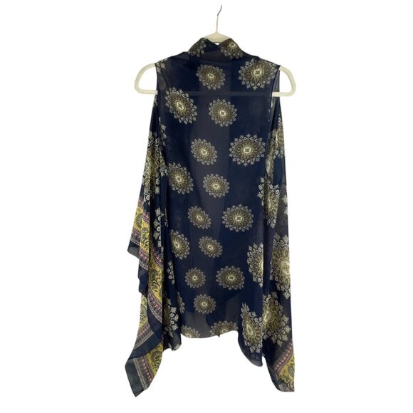 SAX Womens Sheer Vest Mandala Print Navy Blue Yellow Acrylic Open Front Bohemian - Picture 2 of 9